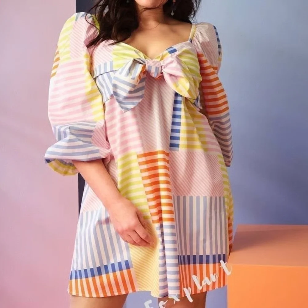 Eloquii Bold Striped Patchwork Bow Spring Maximalist Dress